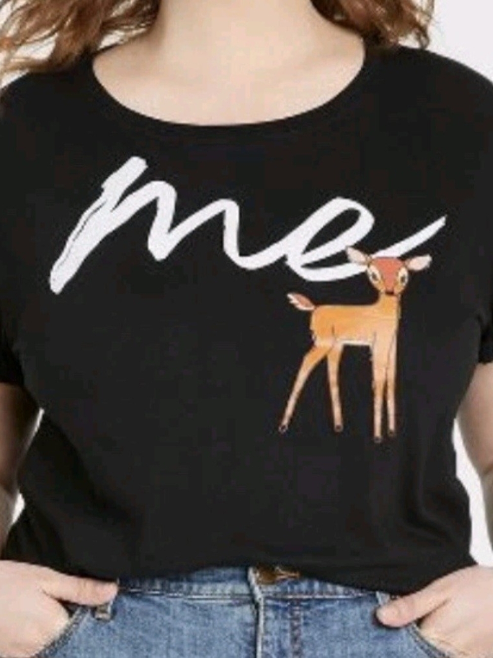 Disney Black Short Sleeve Tee with White 'me' Script and Bambi Graphic